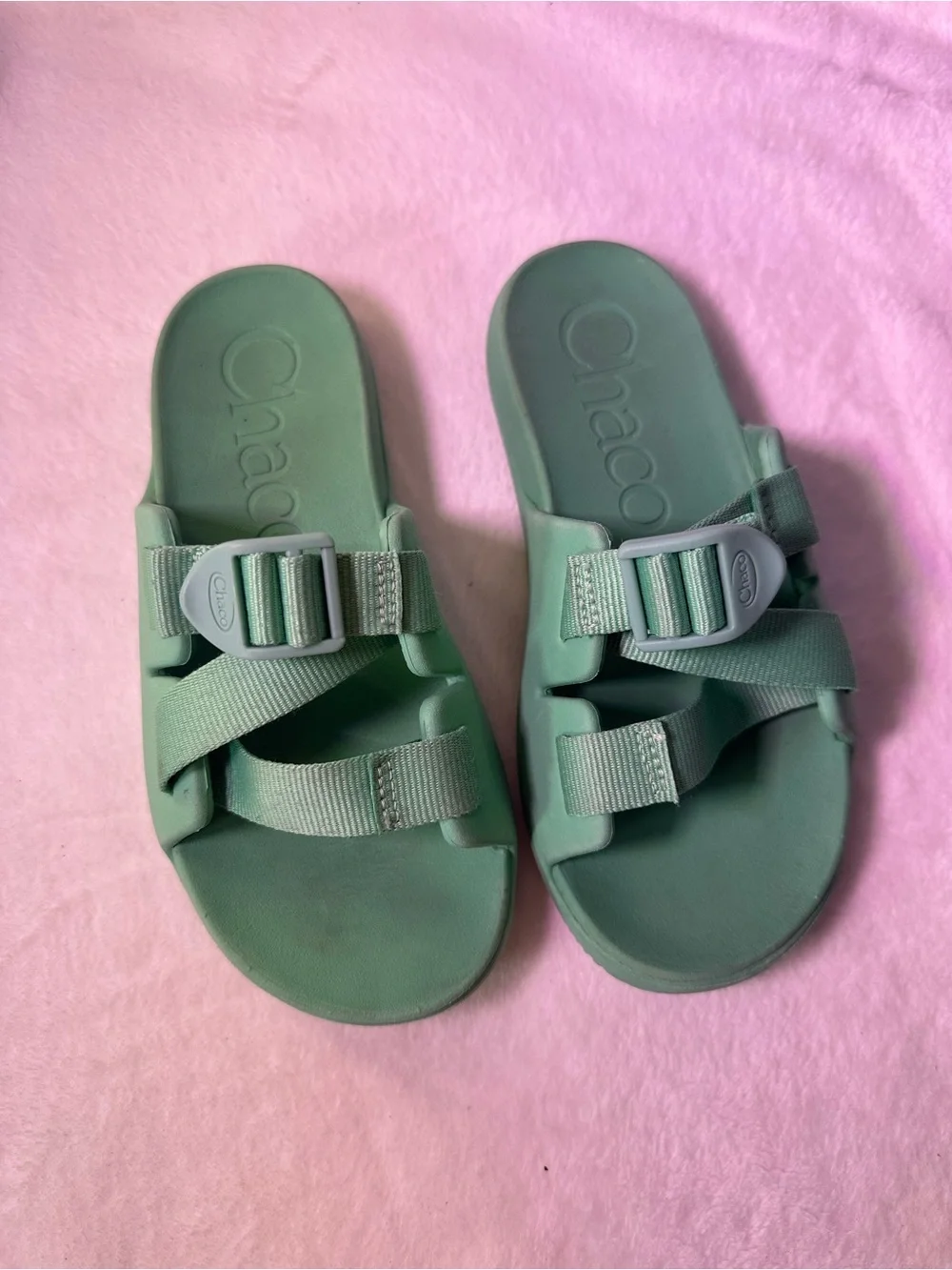 Chaco Seafoam Green Two-Strap Slide Sandals